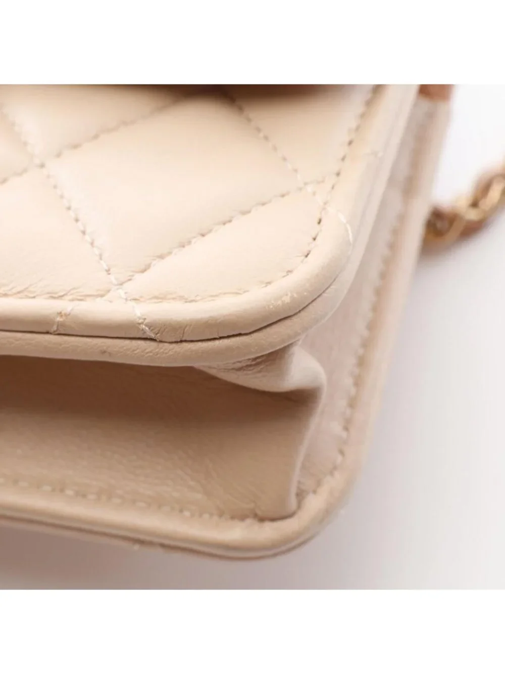 Chanel Shoulder Bag Quilted Beige Lambskin Phone Case Chain Wallet